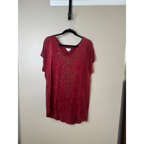 Tru Self Women's Red Blouse Size X-large short sleeve v-neck rayon long shirt - Picture 1 of 8